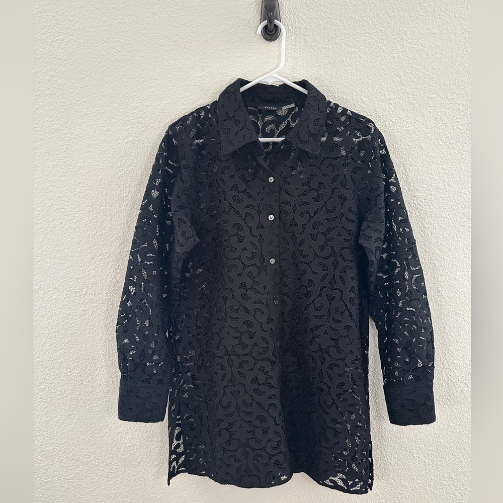 Natori Black Scroll Lace Button Down Long Sleeve Blouse Luxe Goth Size Medium